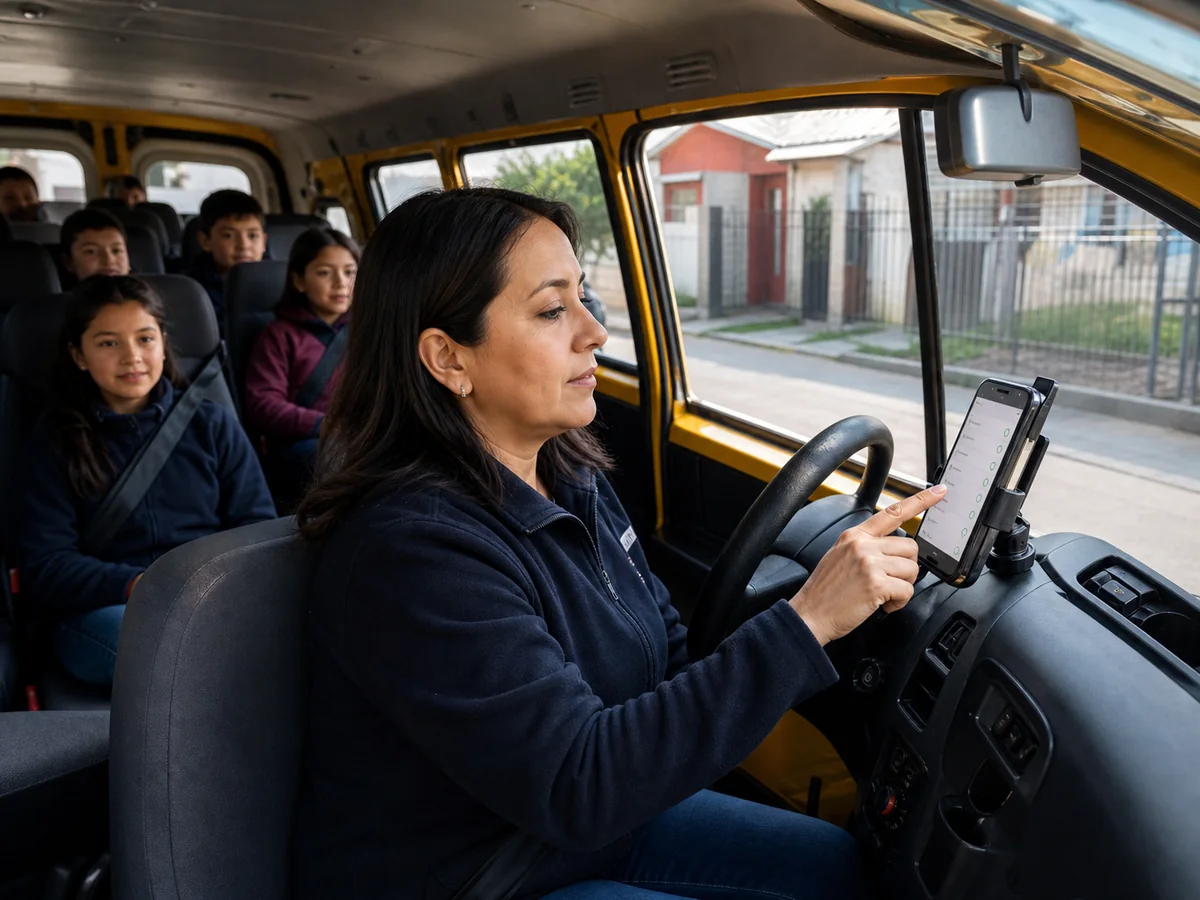 Conductora registrando asistencia antes de iniciar un recorrido
